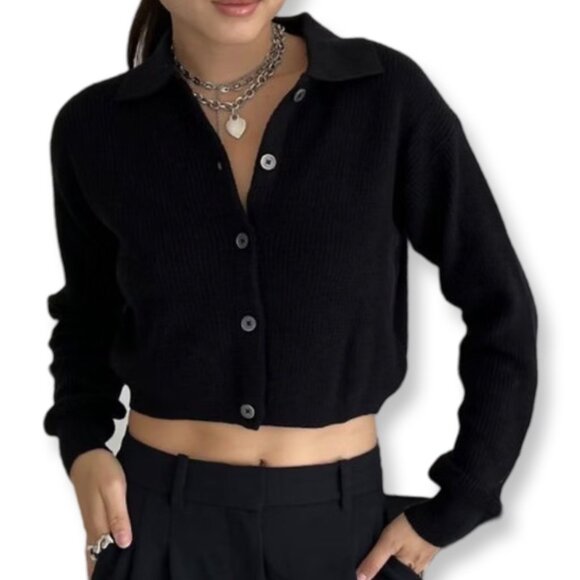 Aritzia Wilfred Black Cropped Nextdoor Cardigan Sweater Merino Wool Size Small - Picture 1 of 12